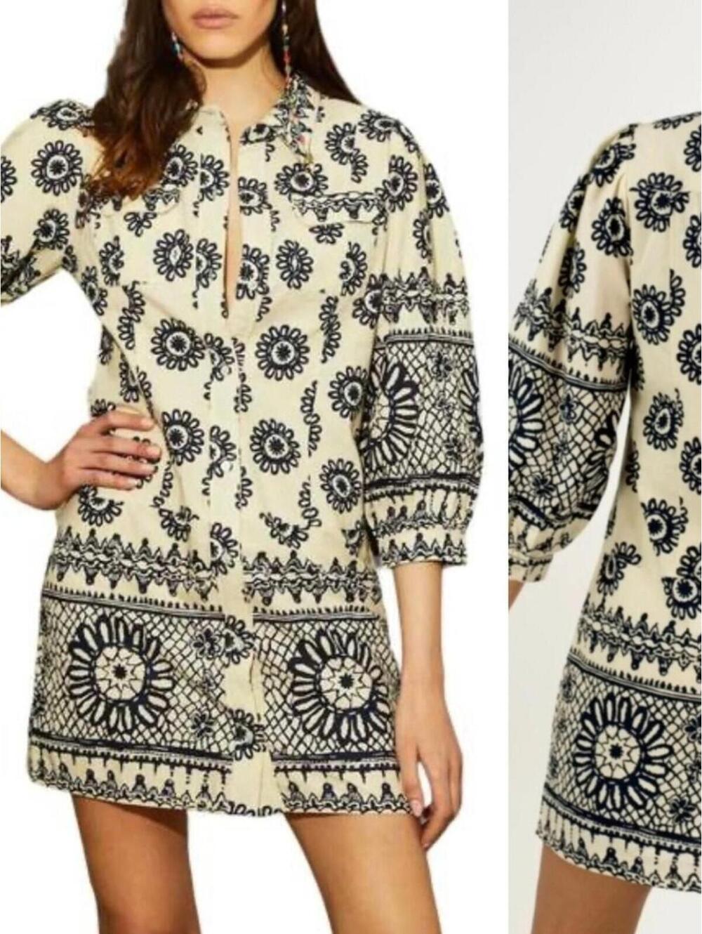 Love the Label Sula Block Print Mini Shirt Dress L Ivory Navy Boho